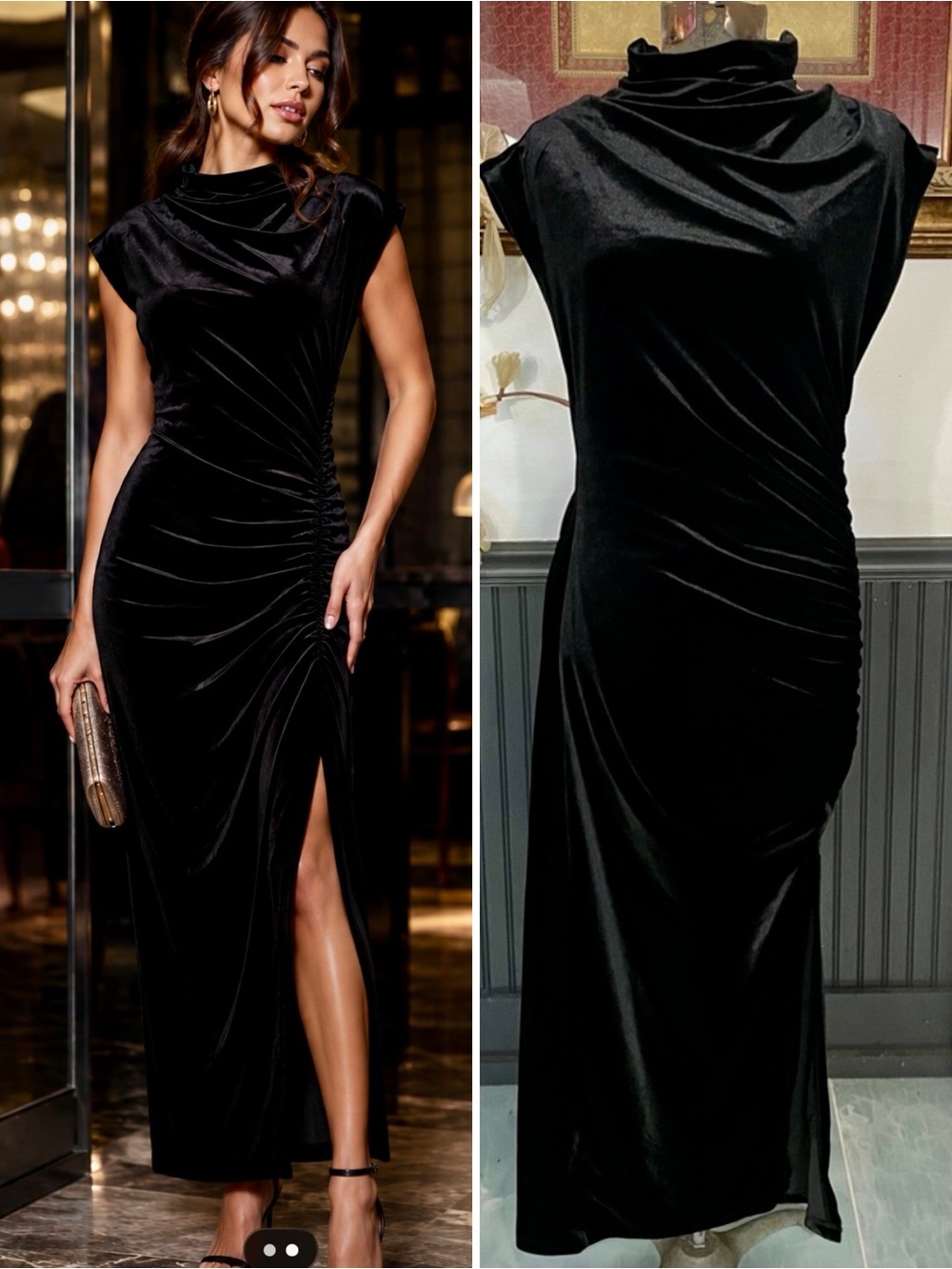 NWT By Anthropologie Maya Stretch Velvet Side-Ruched Slit Midi Dress Sz M🧡🎀